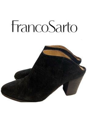 Franco Sarto Denzel Black Suede Mules Asymmetric Block Heel Bootie Slip On 9.5